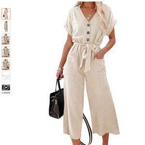 Acelitt Women Short Sleeve V Neck Button Belted Wide Leg Jumpsuits with Pockets